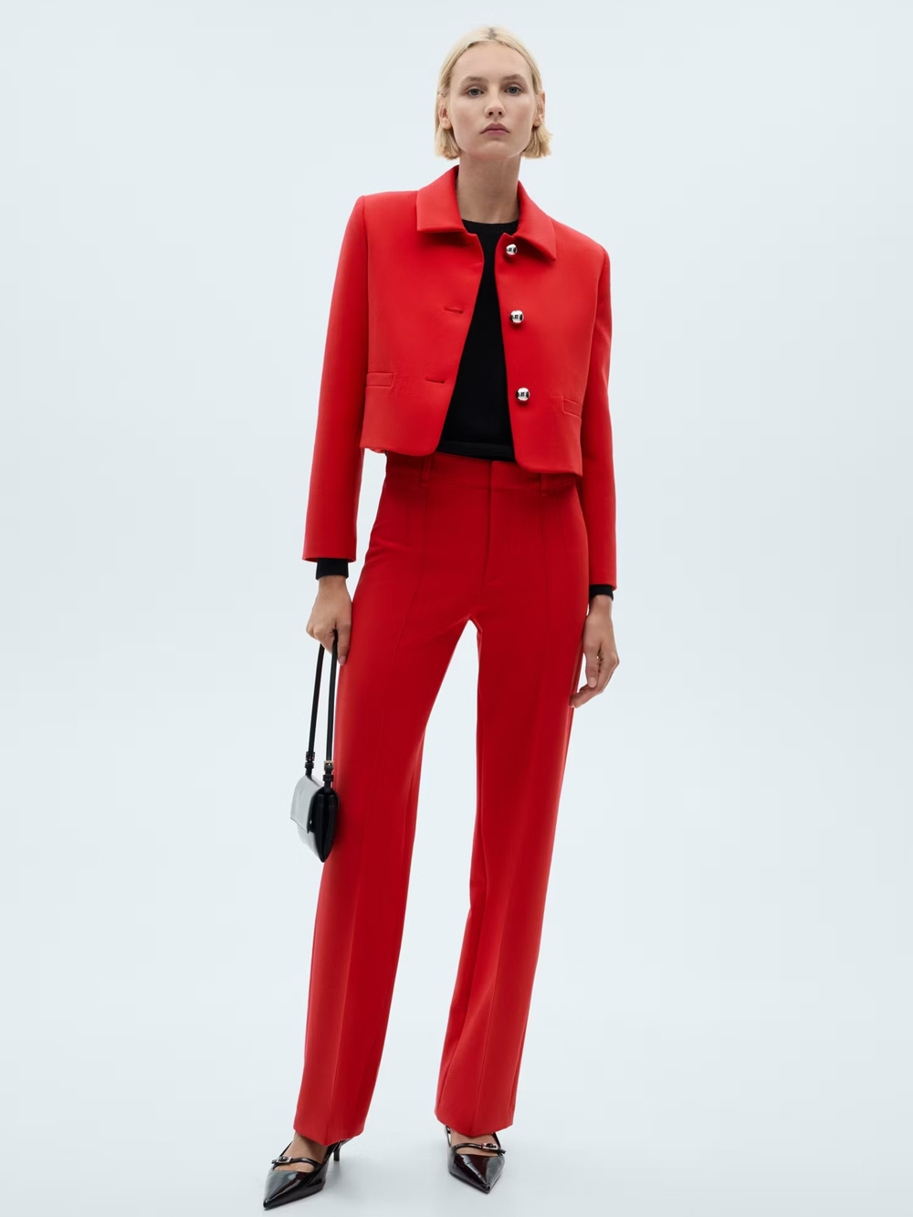 Mango Red Cropped Blazer & High-Waist Straight Trousers Set Size 6